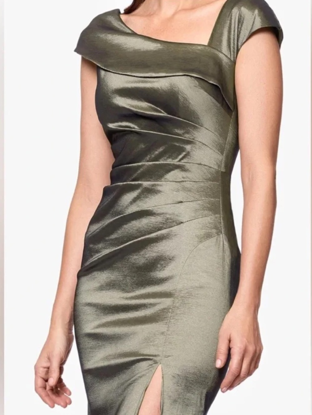 Xscape Assemetric Shoulder Metallic Olive Evening Dress